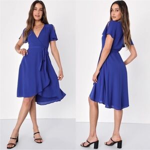 Lulu's Rise to the Occasion Tie Waist Wrap Midi Dress Women S Blue Knee Length